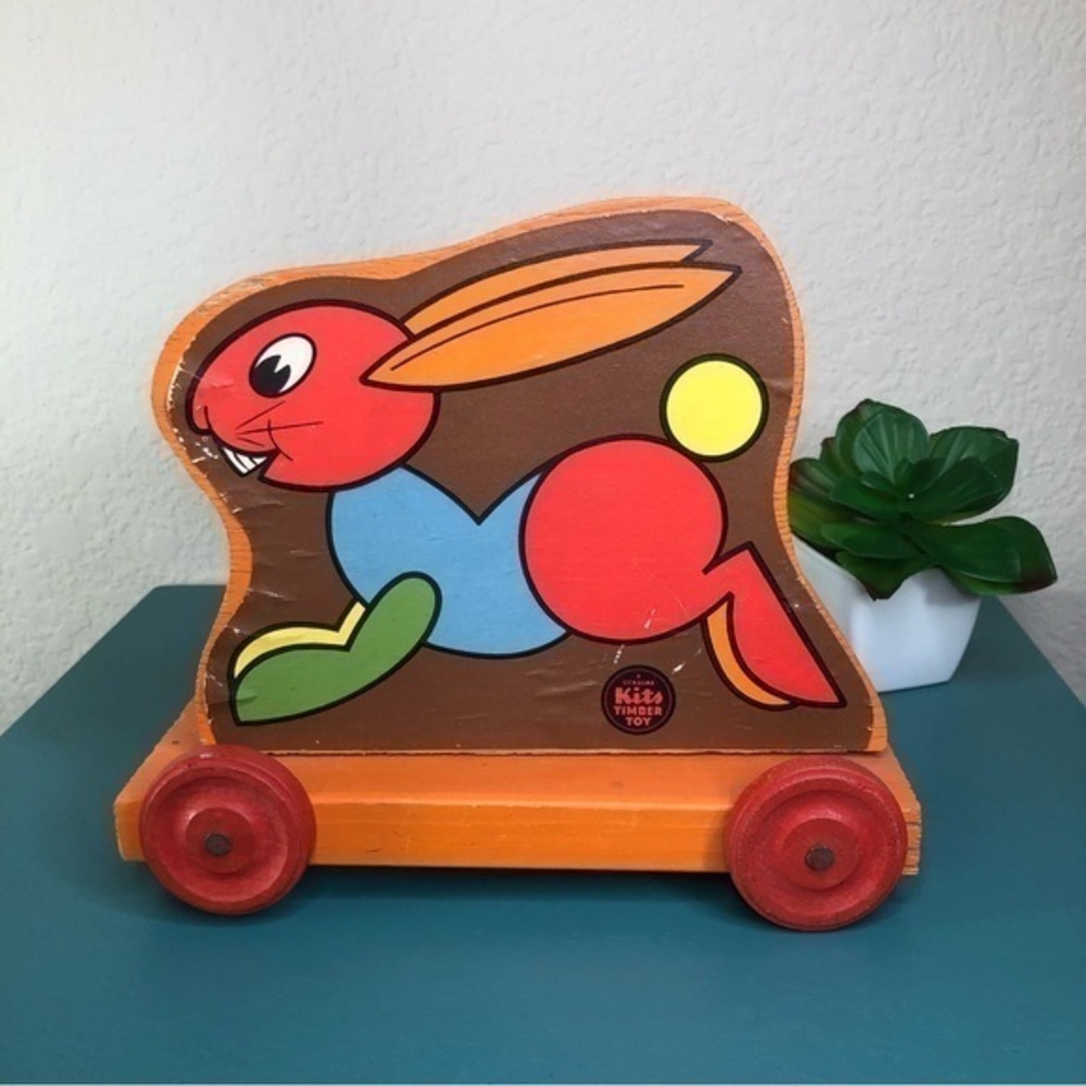 Vintage Genuine Kits Timber Toy Bunny Rabbit Wooden Pull Toy On Wheels Antique